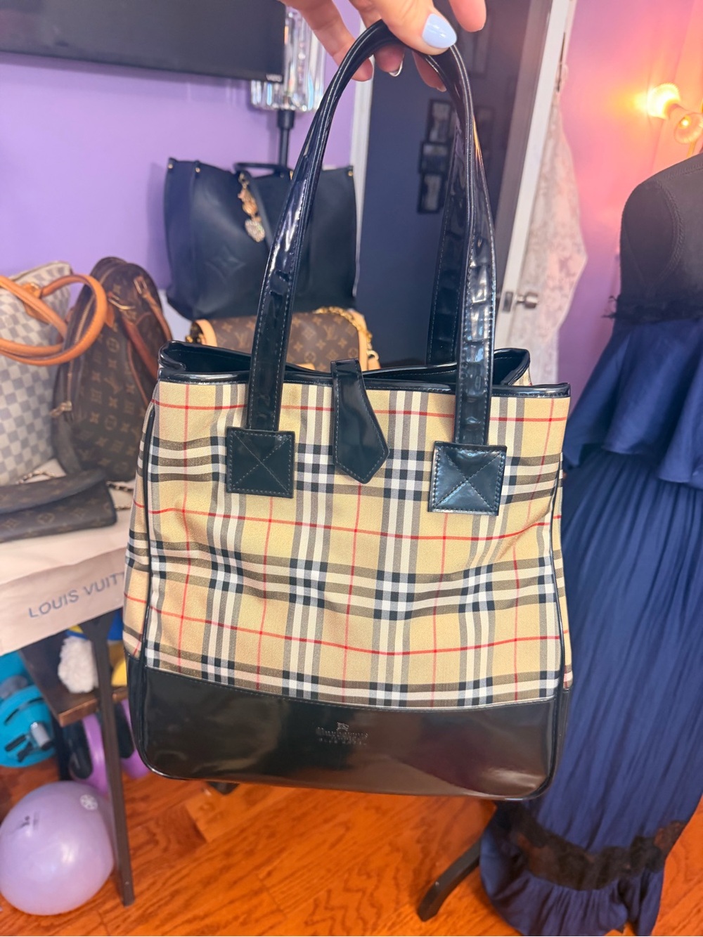 Burberry Beige Nova Check Tote with Black Patent Trim